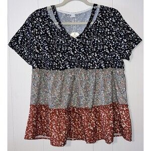 Ruffle Colorblock Floral Short Sleeve Blouse Sz Large Cut-outs Blue Green Orange